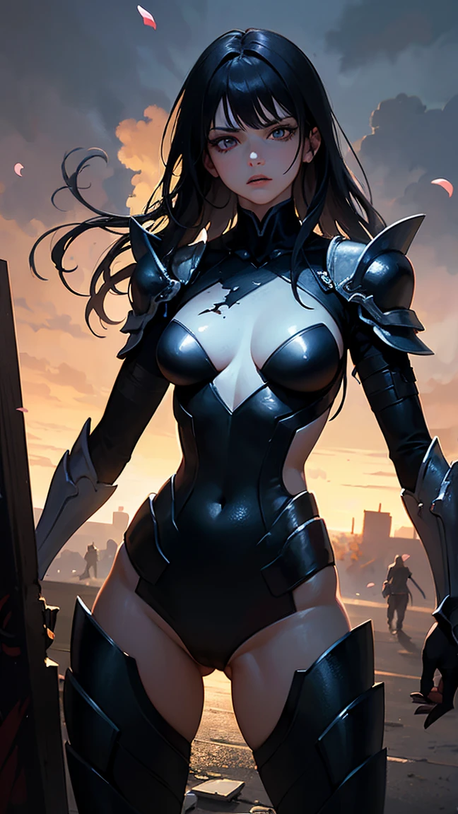 ((4K Works))、masterpiece、(Highest quality)、((Beautiful villain girl))、The body is slim、expensive、((Villain&#39;s Black Dress Fashion))、(Beautiful eyes in every detail)、Assembly Hall、Meeting of the Villains、((Face similar to Carly Rae Jepsen))、((Long boyish black and white split hair))、((Makes your face smaller))、((Neutral face))、((Bright Blue Eyes))、((American adult women))、((Adult female 2))、((Cool woman))、((Like a celebrity))、((Like the villain queen))、((Fangs and a smile))、((Korean Makeup))、((Villain Queen Makeup))、((elongated and sharp eyes))、((boyish))、((Villain Queen))、((Photograph her from afar))、((Shooting from an oblique angle))、Professional photos、Villain Queen photo、Reach your audience、((Shot alone))