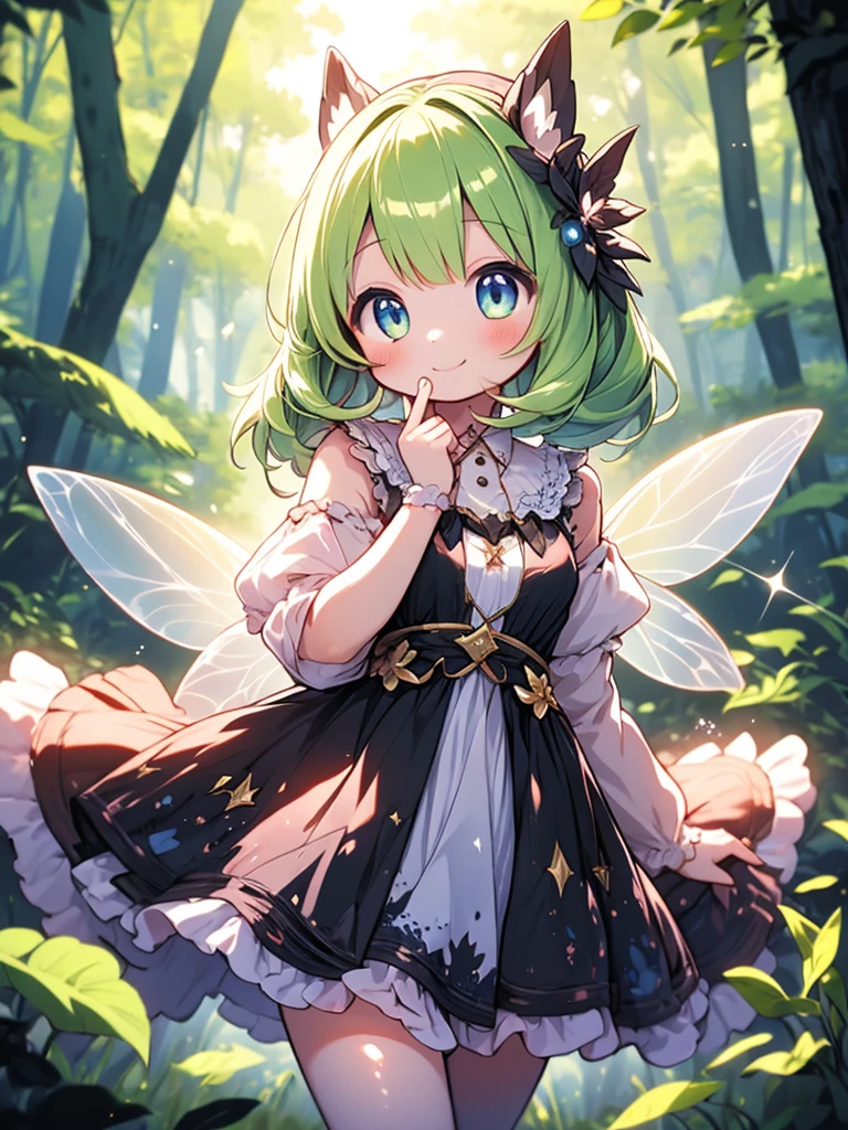 girl with、light green hair、Angel ring with diamond shapes、Butterflies on the fingertips々、Fantastic forest、Green dress、Flower garden、a little bit smile、butterflys々is flying