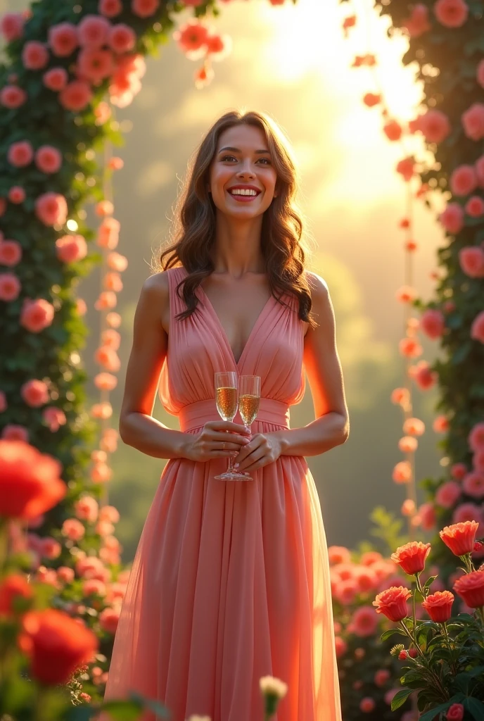 A beautiful brunette woman celebrates in a beautiful glitter dress. big boobs. It's party mood. sun set. Garden party.