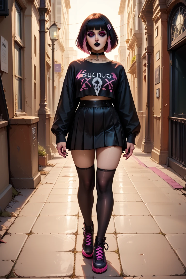 A front and back full body view of a female punk of British descent, designed in a Pixar style. The punk is depicted in a playful and vibrant manner, similar to the style shown in the reference image. She wears a Plaid skirt with a graphic tee, fishnet tights, and creepers. Her hair is styled in edgy punk manner, and she has a friendly and approachable expression. The front view shows her standing confidently, while the back view highlights the details of her outfit and hairstyle. The overall design is clean and colorful, capturing the whimsical and endearing qualities typical of Pixar's character style. Highly detailed, 8k, smooth, sharp focus trending on artstation, digital painting, by Stanley Artgerm Lau,  WLOP, Rossdraws,  James Jean,  Andrei Riabovitchev, Marc Simonetti, and Sakimichan
