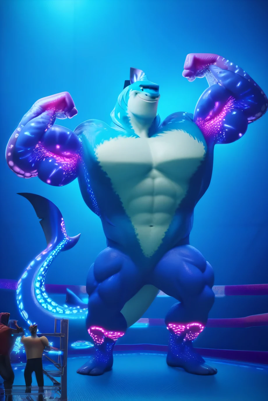score_9, score_8_up, score_7_up, score_6_up, score_5_up, score_4_up, source_furry, tentacularrumble, shark, muscular, blue eyes, tail, max detail, 4k wallpaper, masterpiece, best quality, absurdres, highres, dynamic angle, dynamic pose, standing, luminous mode, flexing his powerful muscles pose, ginomous biceps, enormous pectorals, bouncing pecs, giant size, macro size, 50 foot size, blue sky background, jungle background.