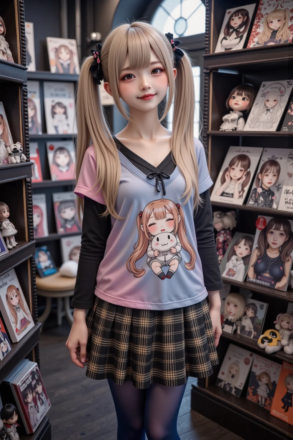 A girl with chubby cheeks, long curly hair, glasses and pink cheeks. cute outfit white skin