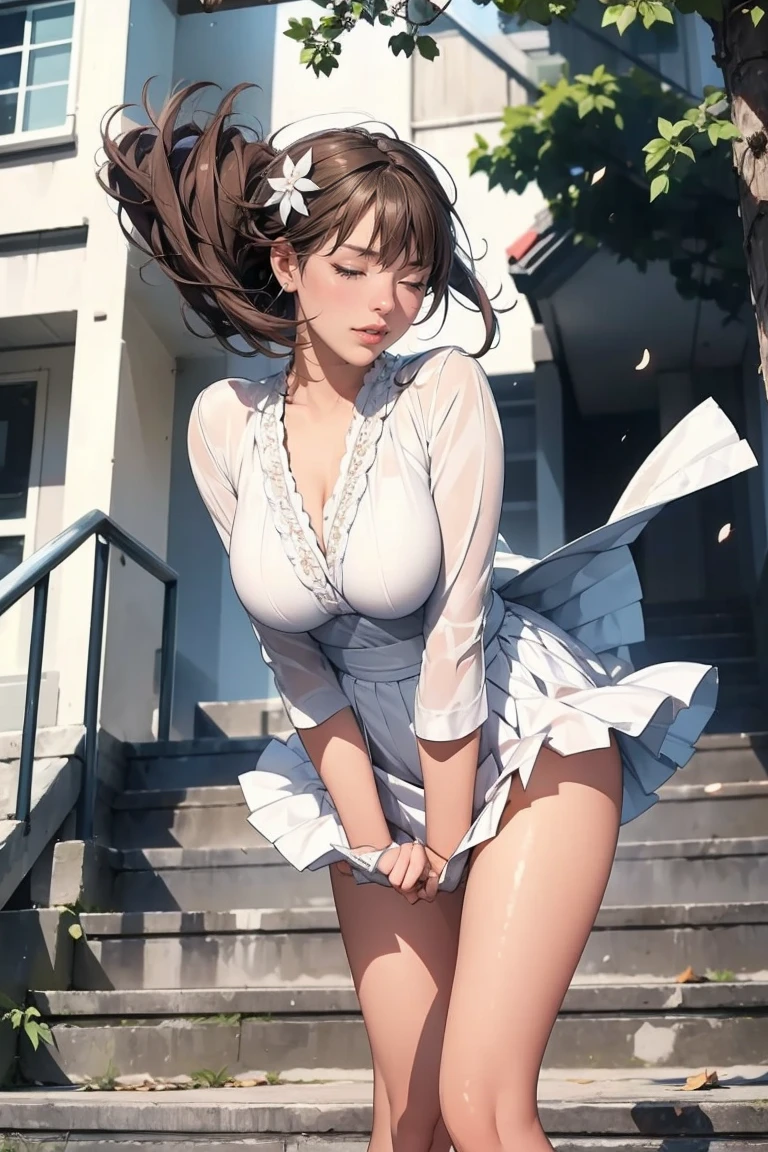 high-definition image, eyes realistic sizing, realistic skin, drooping eyes, smiling, (various patterned feminine casual dress), (squatting, stretching with arms raised, highly detailed realistic texture panties), strong sunlight, braid, (old fashion), skyscrapers, arch hip,