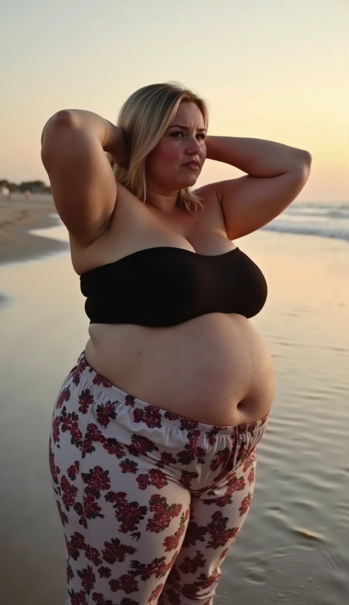 A chubby woman with blonde hair sitting on the beach showing the soles of her feet licking a man's penis