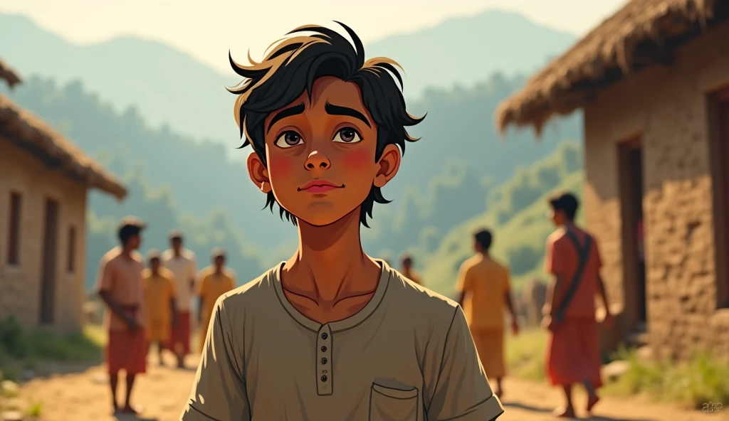A small, rural village with mud houses, surrounded by fields. In the foreground, a young boy named Suraj, dressed in simple clothes, is looking towards the horizon with determination in his eyes. His surroundings reflect poverty, but his expression shows a burning desire to become a great athlete