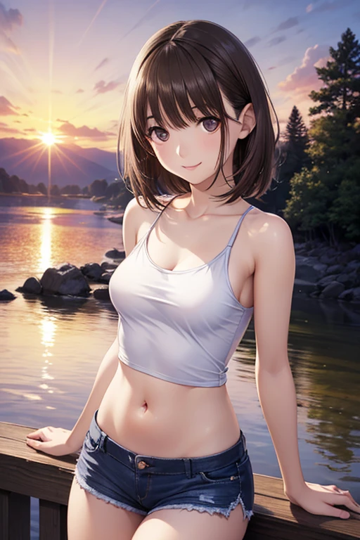 Full size adult woman, blue brown hair color, full height, light blue eyes, smiling, mouth, lips, wearing transparent, hand holding handrail, ahageo-shaped grimace, white panties, bra, white skin color, legs thick, Thick thighs, Fringe, bra with lace underwire, side locks, mountain, yellow leaves on the trees, background scenery, sunset, sunlight, beautiful afternoon, clouds, wind in the hair, leaves flying, details in the environment, more vivid colors, saturated effect