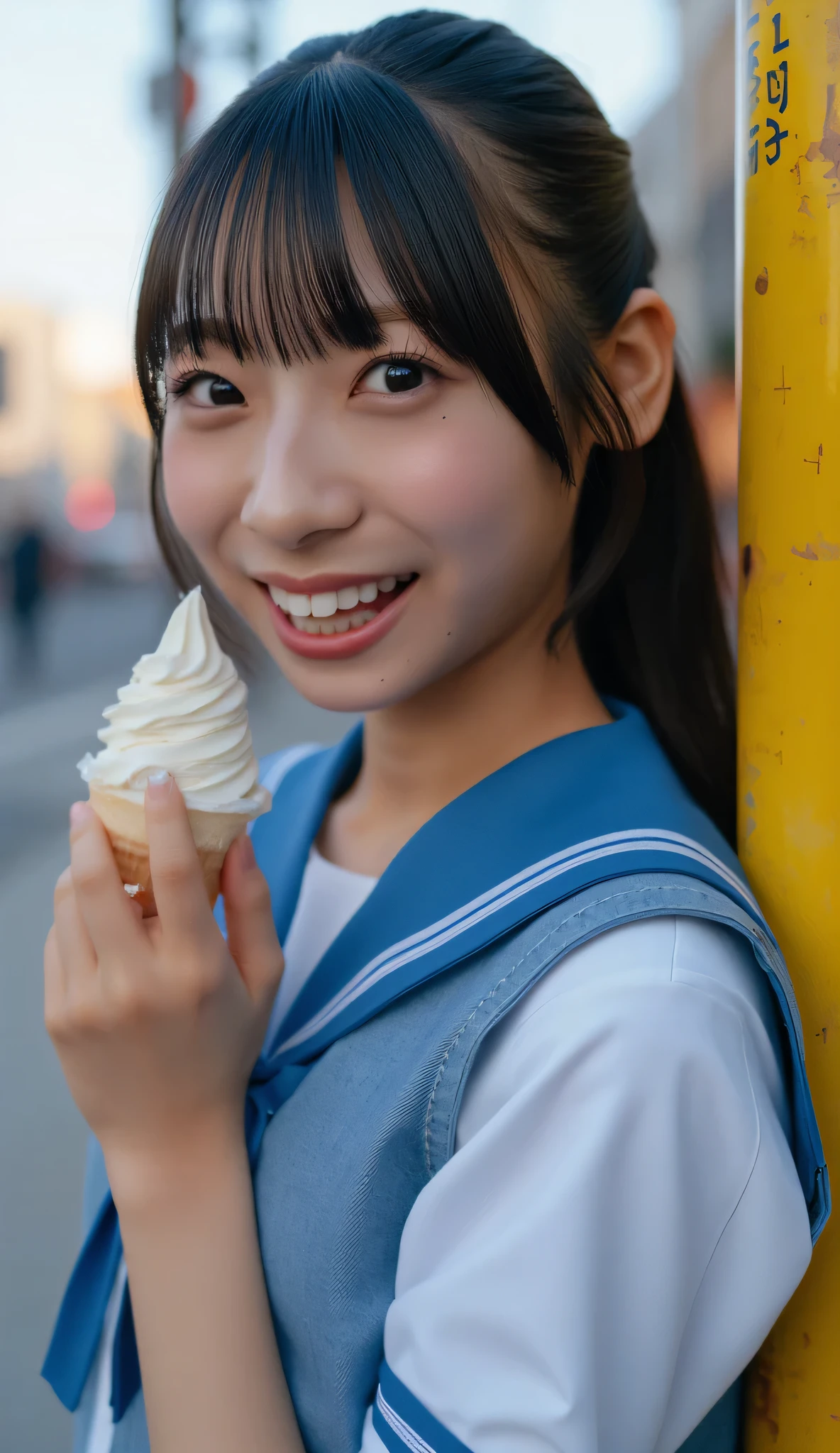 woman, high definition, masterpiece, accurate, anatomically correct, 最high quality, high detail, high quality, high definition model, textured skin, Ultra-fine, Hair, ponytail、smiles, stick out your tongue, portrait photo on a gal telephone pole, Photo Quality、school uniform、HIGH SCHOOL GIRLS、20th Generation、sailor suit、The soft serve ice cream is dripping on my hand、the soft serve ice cream has melted slightly and is dripping down my hand、Around town、shopping street in the evening、I'm sitting on the curb