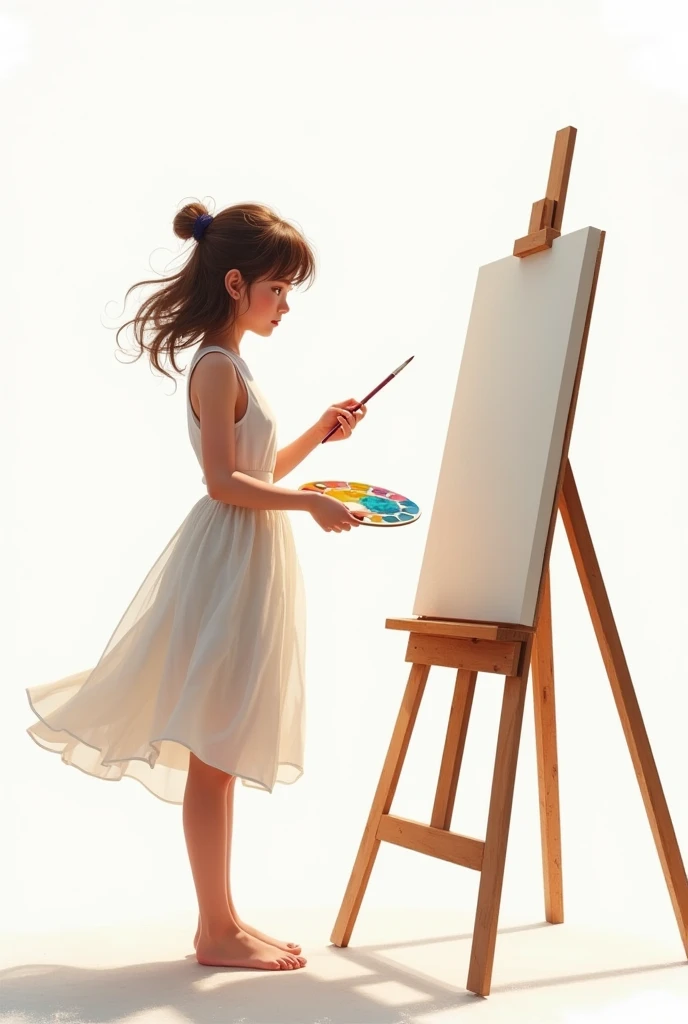 3d drawing, realistic, child 7 years, painting blank sheet, MONALISA picture, painting MONALISA, monalia picture standing, school environment, brush in hand, paints on the table, colorful. --auto