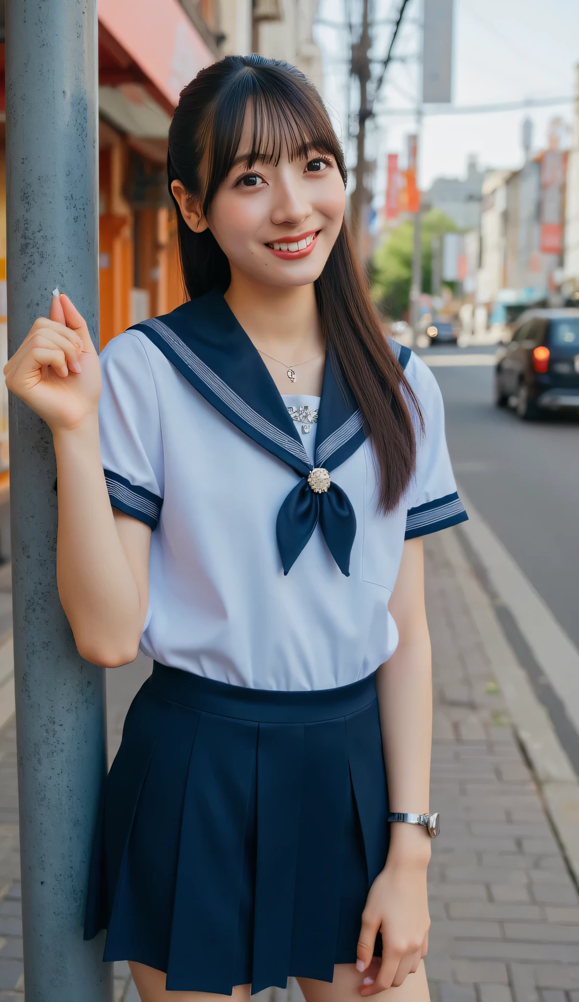 woman, high definition, masterpiece, accurate, anatomically correct, 最high quality, high detail, high quality, high definition model, textured skin, Ultra-fine, Hair, ponytail、smiles, stick out your tongue, portrait photo on a gal telephone pole, Photo Quality、school uniform、HIGH SCHOOL GIRLS、20th Generation、sailor suit、The soft serve ice cream is dripping on my hand、the soft serve ice cream has melted slightly and is dripping down my hand、Around town、shopping street in the evening、I'm sitting on the curb