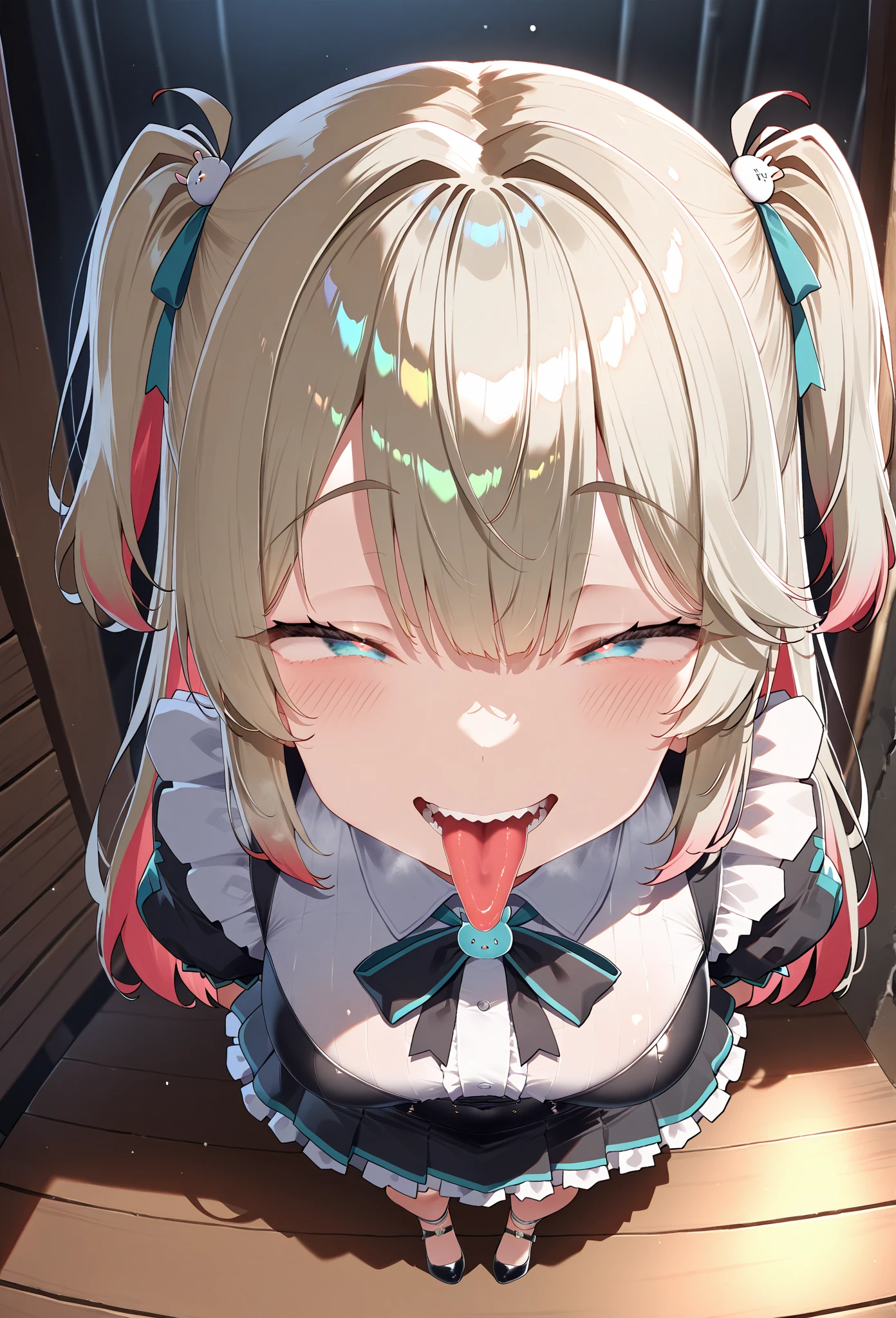 ((masterpiece,best quality)),high resolution,ultra detailed,8k,16k,detailed background,perfect lighting,detailed beautiful eyes, 1girl,solo,embarrassed,blush,show off nipple,steam,sweat,breath,saliva trail, (naughty smile,cum in mouth:1.2)(screaming,oral:1.4),ahegao,(from above, from front:1.4),portrait,seductive eyes,be breathless,fisheye lens,stick tongue out,kneeling,kirara,blond hair,green eyes,medium breast,kawaii,classroom,maid,cat ear,anime style