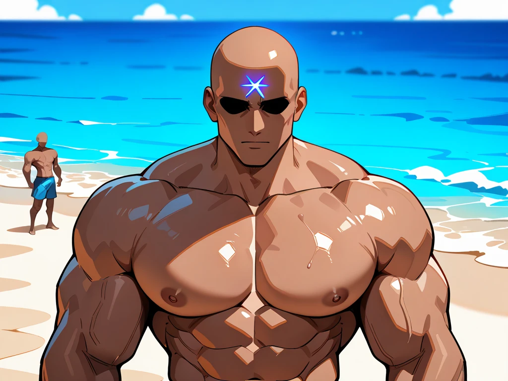 1 chico, purple skin boy, wearing sunglasses, black hair with small horns, short hair shaved on the sides, shirtless, athletic and fit body, careless strokes, Tumblr cartoon style, grimace of annoyance, boy looking at viewer, red beach shorts, stocky body, collar on his neck with a red whistle between his pectorals, wide pectorals, thin waist, background beach, Masterpiece, Best Quality, very aesthetic, absurdities, on the beach, Tumblr style, cuntje, trazo de cuntje, very short hair shaved on the sides