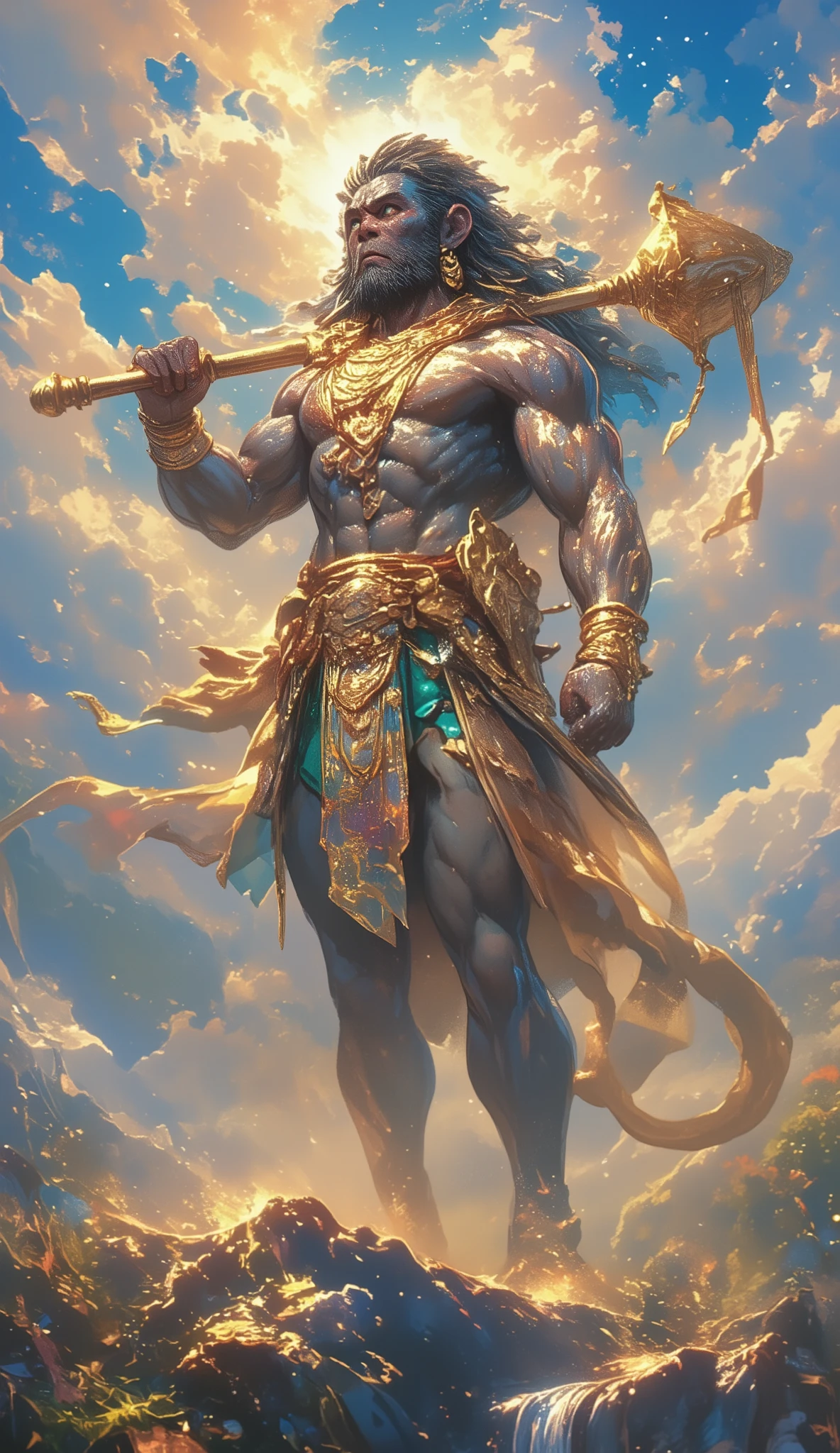 monkey indian god hanuman holding a golden mace in hand and looks muscular