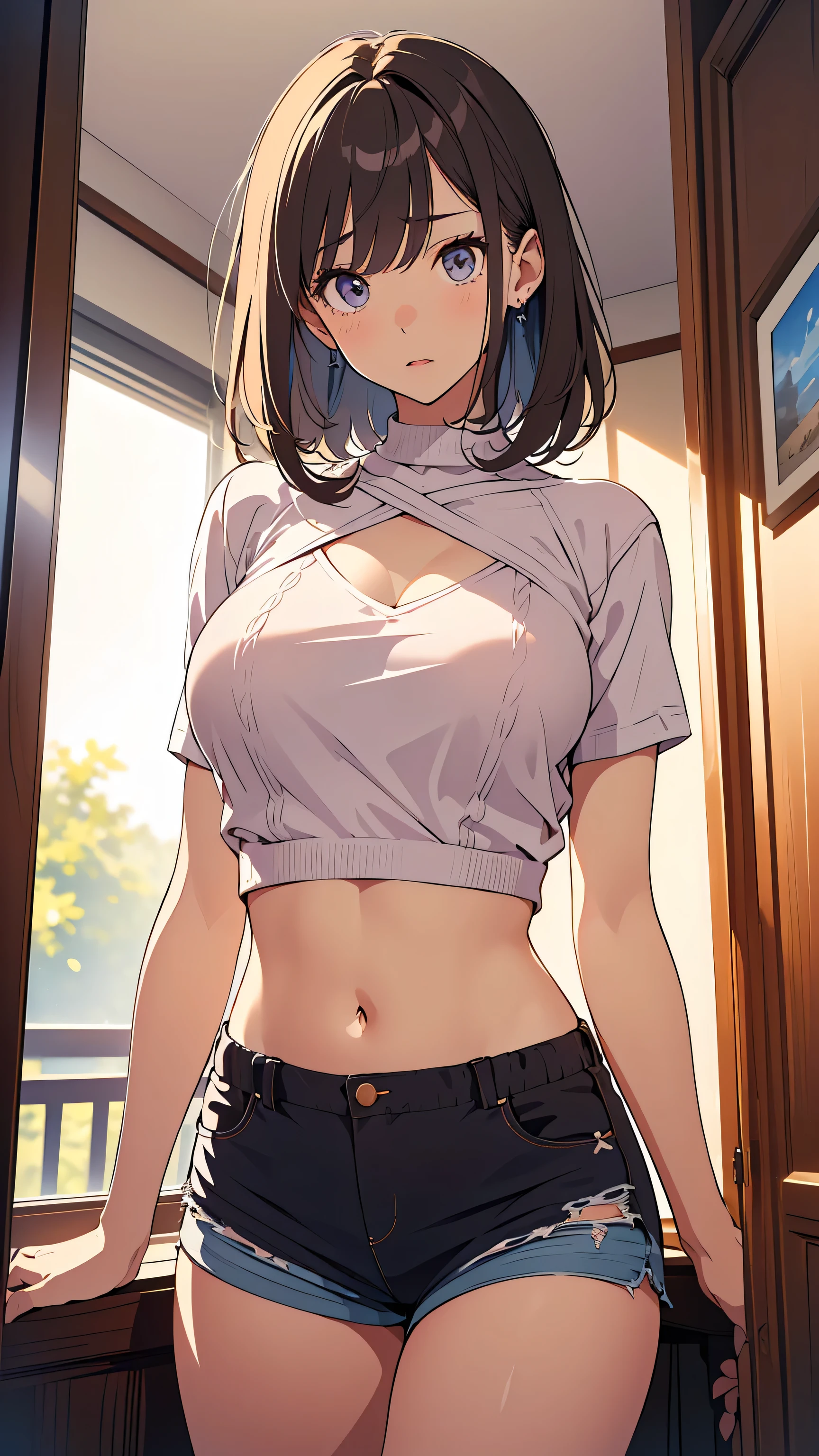 masterpiece, best quality, illustration, (( Picture drawn with very thin lines:1.3)), super detailed, fine detail, high resolution, 8k Wallpaper, perfect dynamic composition:0.5, Beautifully Detailed Eyes, ( medium hair, straight hair, dark color), (Big Natural :1.5), (Chest), natural color lip, ((obscene expression:1.3)), (random sexy poses:1.3), (((28-year-old woman, adults))), (), (Knit shirt, tight, Chestが大きく開いている:1.3), Roll up the knit by hand :1.8, Underboob, (shorts, Random Color), cowboy shot, Photo from below:1.3, Late Night, ( Private Room in the Mansion ), spread legs:1.5,