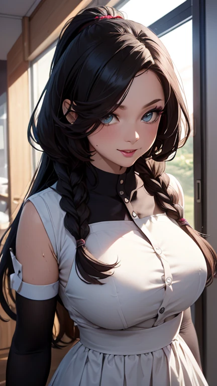 (unparalleled masterpiece:1.1), (best quality:1.1), (realistic:1.2), (photorelistic:1.2), sharp focus, (intricate details, hyperdetailed:1.15), mature female, black hair, very long hair, ponytail, detailed beautiful eyes, intricate iris, blue eyes, blush, open smile, beautiful face, beautiful body, symmetrical face, gorgeous, deep eyes, transparent cleavage, see-through, cleavage, miniskirt, erect, huge ass, medium breasts, thick thighs, realistic shaded, stunning, intricate, hyper-detailed, highly detailed, sharp, smooth, sharp focus,
