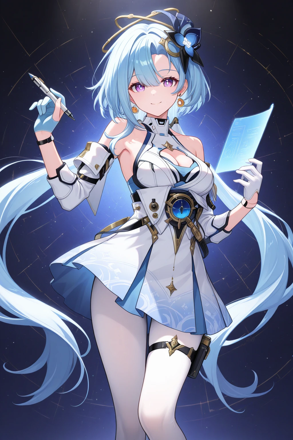 (otherworldly, otherworldly atmosphere, otherworldly appearance), highly insanely detailed, masterpiece, top quality, best quality, highres, 4k, 8k, RAW photo, rem \(re:zero\), outfit-bladenun, 1girl, solo, short hair, ( blindfold), blush, large breasts, blue hair, open mouth, very long hair, no panties, habit, <lora:outfit-sword_maiden-pynoise:1>, (fantasy world)