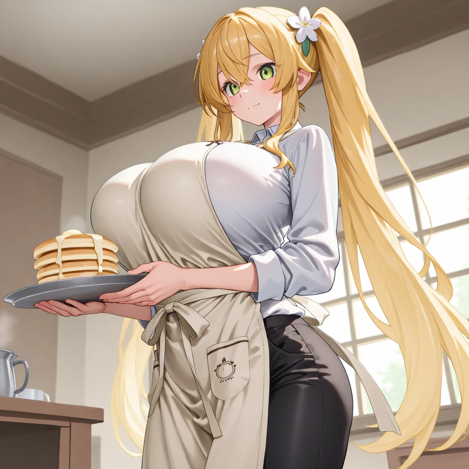 top-quality、Top image quality、masterpiece、girl with((18year old、waitress costume(1:2)、Best Bust、Bust 85、a blond、Longhaire、Blue eyes、open chest wide、Valley、Happiness、Black wristband on wrist、A slender、耳Nipple Ring、The wind blows,holding coffee cup、close to viewer、Face-to-face with your audience、Take a seat))hiquality、visualart、Background with((tea shop、Counter seats、Coffee maker))、The table(menu、Coffee Cup、Toast on a plate),masutepiece、(gigantic breasts:1.5)