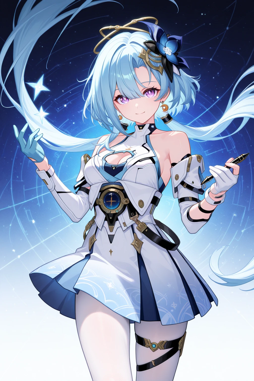 absurdres, UHD, 8K, 1girl, virtual youtuber, solo, horns, blue hair, long hair, :3, thick eyebrows, blue eyes, short eyebrows, bangs, purple ribbon, microphone, animal ears, hair between eyes, ribbon, closed mouth, multicolored eyes, upper body, maid headdress,