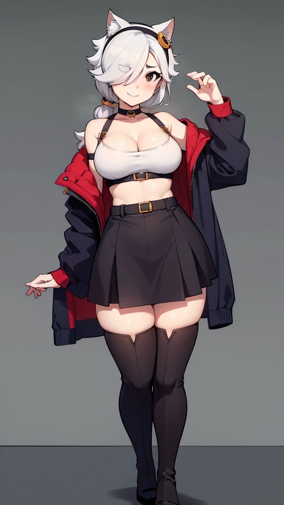 blank background, (((full body))), (masterpiece), ((best quality)), (very short girl), ((flat chest)), hair over one eye, (wide hips:1.4), ((thick thighs:1.4)), (blue jeans), sandals, belt below navel, fanny packs, ginger hair, from behind