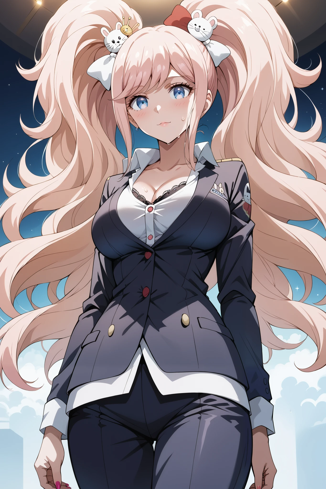 score_9, score_8_up, score_7_up, source_anime, 4K,perfect fingers,(perfect hands, perfect anatomy),prefect lighting, very aesthetic, intricate details,highly detailed background, masterpiece, high quality, best quality,
1girl, junko enoshima, long hair, bangs, blue eyes, pink hair, hair ornament, twintails, bear hair ornament, Large Breast,
wearing ((White collared shirt, )),,
sensual women Elegant, sweat,steam,