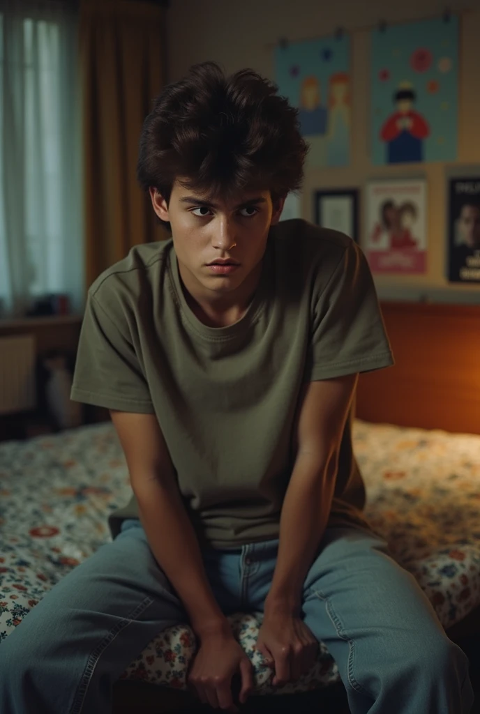 17-year-old boy in a T-shirt  en la casa en el sofá 