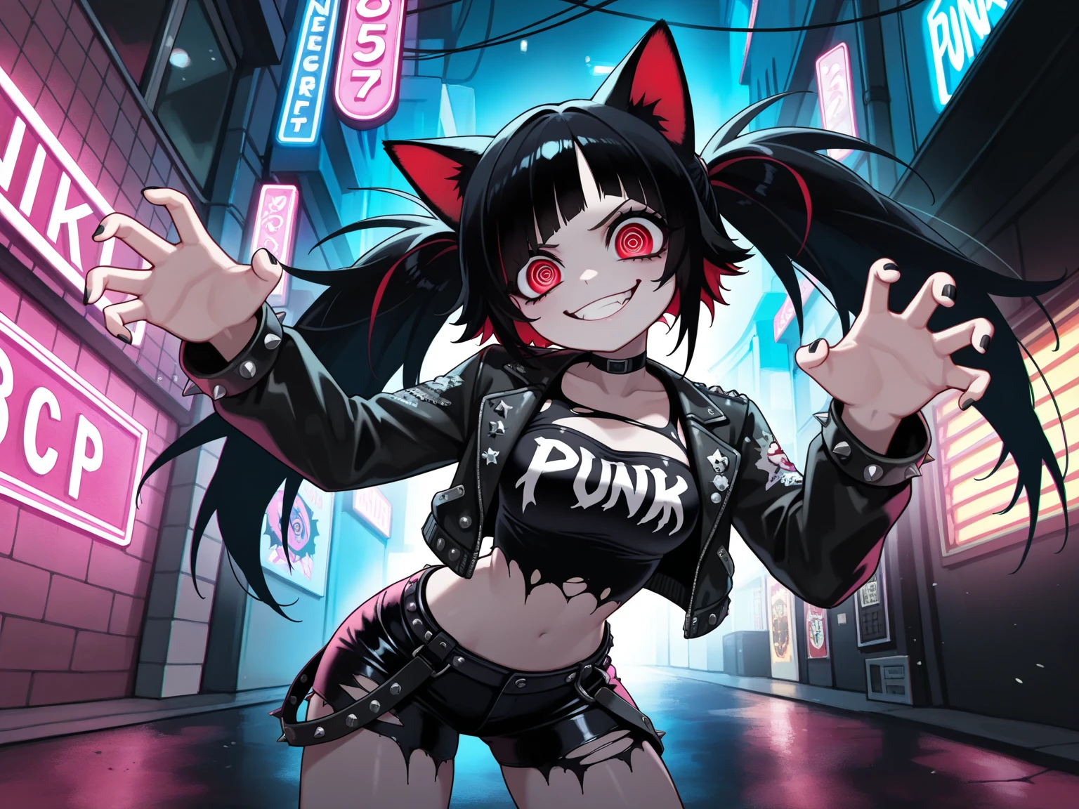 8K,Ultra Detail,ultra-quality,ultra precision,ultimate masterpiece,wolf Girl,big boobs,big Thigh,bomber jacket,long leather pants,long twin tail(blond)(innercolor of pink),cool Graffiti on the wall,Cyber punk mask,Theme of Cyber Punk,stylish crouching,