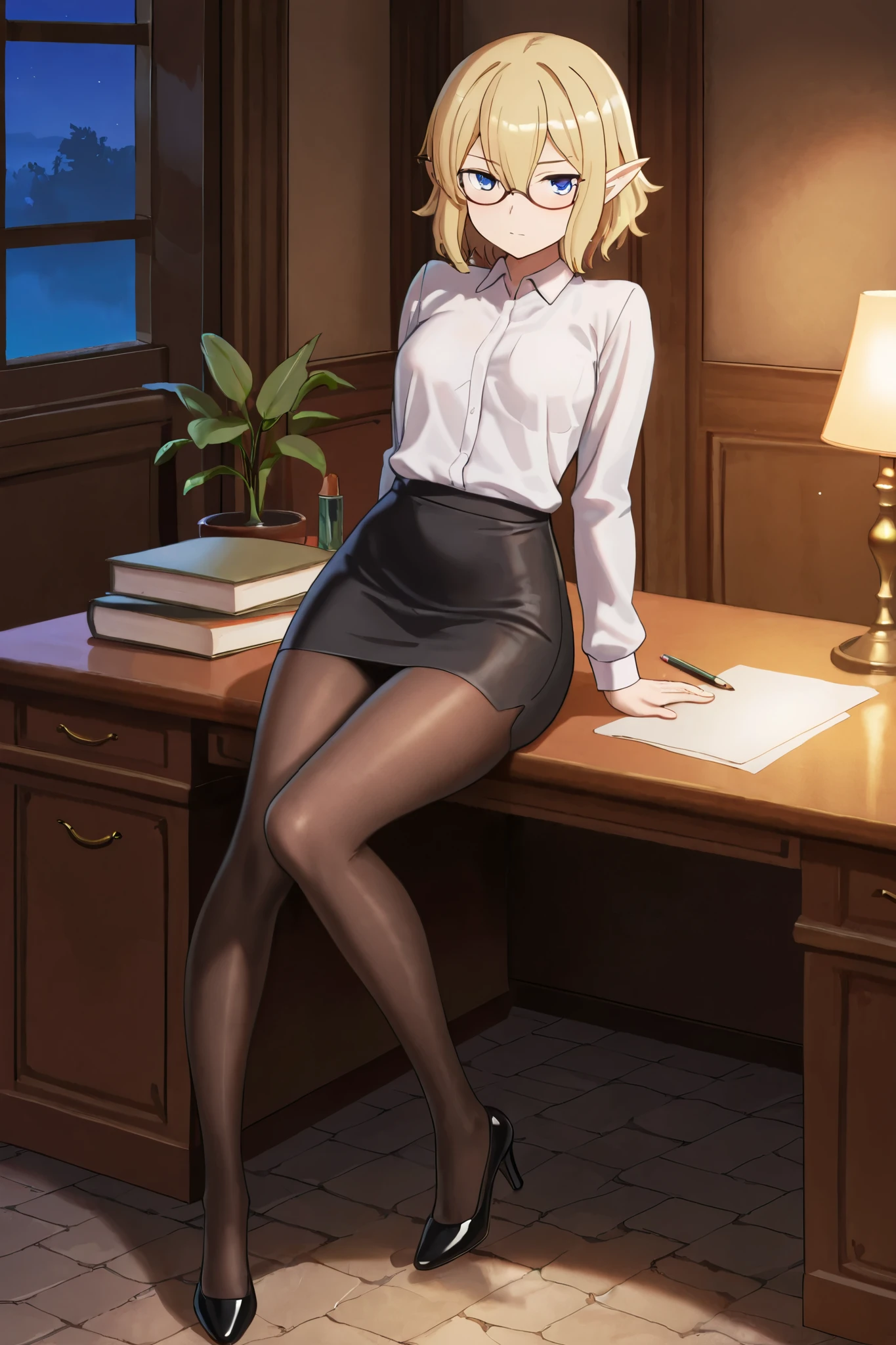 NSFW,masterpiece,best quality,high resolution,very detailed,Ryuu Lion(is it wrong to try to meet someone in a dungeon),short hair、blond hair、hair between his eyes、pointed ears、blue eyes, dress shirt,pencil skirt,pantyhose,high heels,glasses,Office at night,desk,chairs,document
