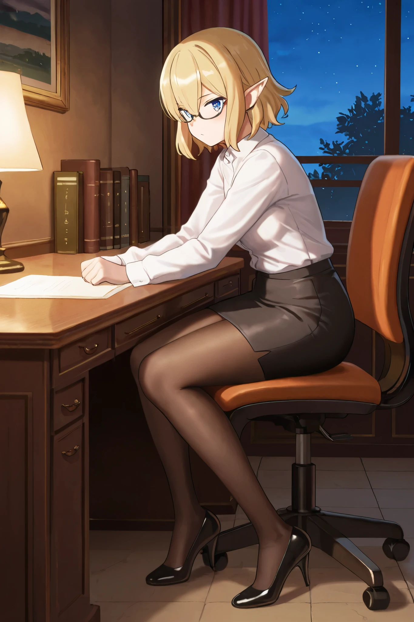 NSFW,masterpiece,best quality,high resolution,very detailed,Ryuu Lion(is it wrong to try to meet someone in a dungeon),short hair、blond hair、hair between his eyes、pointed ears、blue eyes, dress shirt,pencil skirt,pantyhose,high heels,glasses,Office at night,desk,chairs,document