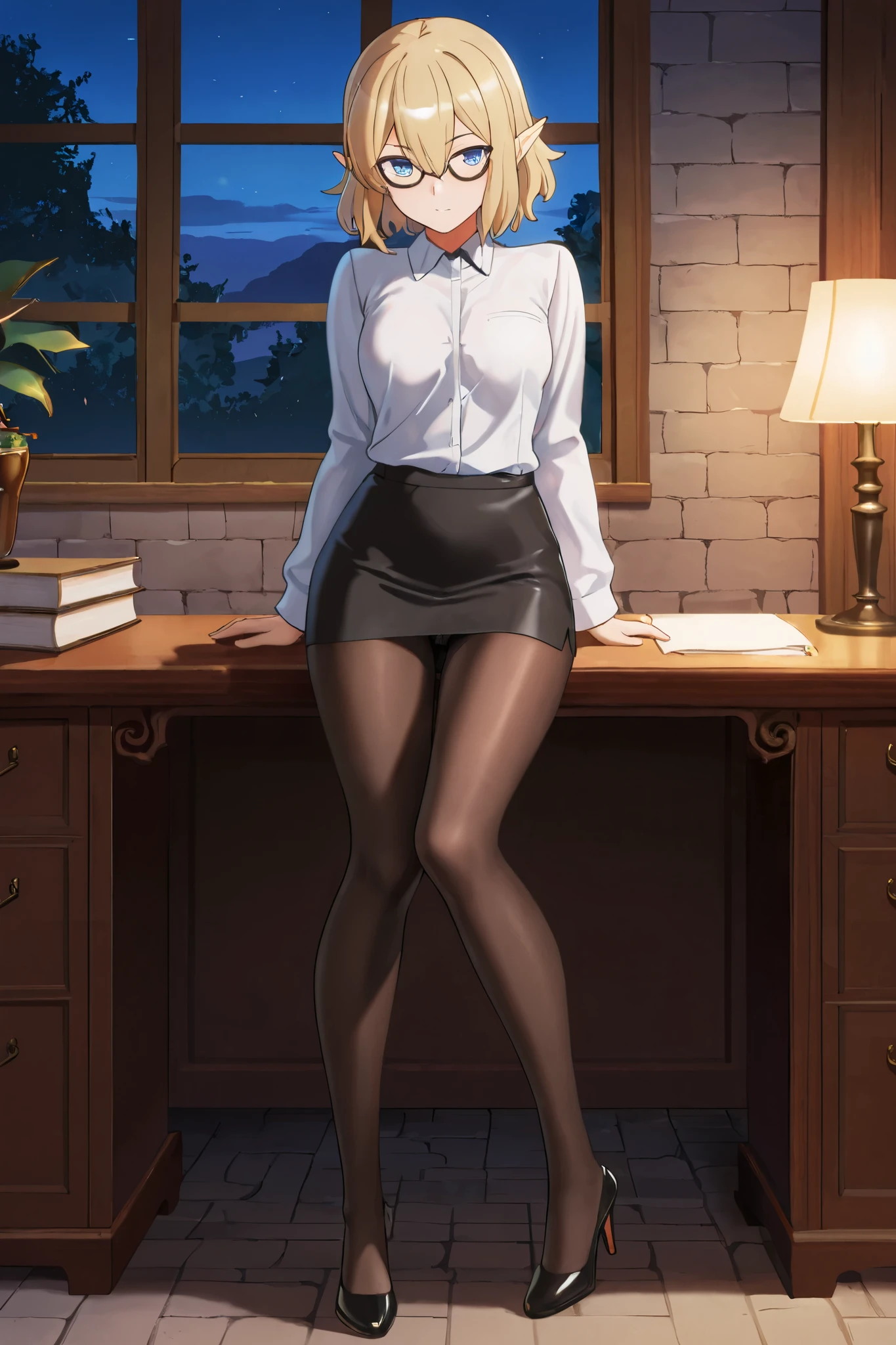 NSFW,masterpiece,best quality,high resolution,very detailed,Ryuu Lion(is it wrong to try to meet someone in a dungeon),short hair、blond hair、hair between his eyes、pointed ears、blue eyes, dress shirt,pencil skirt,pantyhose,high heels,glasses,Office at night,desk,chairs,document
