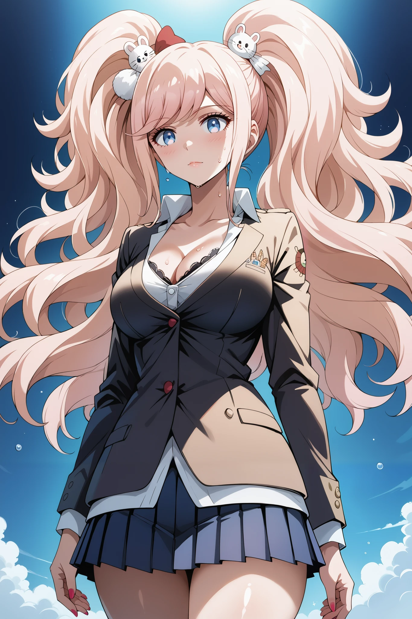 score_9, score_8_up, score_7_up, source_anime, 4K,perfect fingers,(perfect hands, perfect anatomy),prefect lighting, very aesthetic, intricate details,highly detailed background, masterpiece, high quality, best quality, 
1girl, junko enoshima, long hair, bangs, blue eyes, pink hair, hair ornament, twintails, bear hair ornament, Large Breast,
wearing ((White collared shirt, blue pleated skirt,  )),,
sensual women Elegant, sweat,steam,