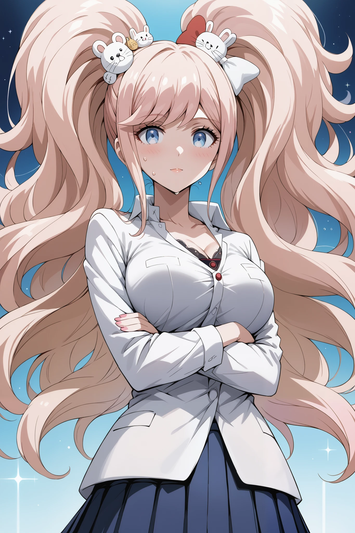 score_9, score_8_up, score_7_up, source_anime, 4K,perfect fingers,(perfect hands, perfect anatomy),prefect lighting, very aesthetic, intricate details,highly detailed background, masterpiece, high quality, best quality,
1girl, junko enoshima, long hair, bangs, blue eyes, pink hair, hair ornament, twintails, bear hair ornament, Large Breast,
wearing ((White collared shirt, blue pleated skirt, )),,
sensual women Elegant, sweat,steam,