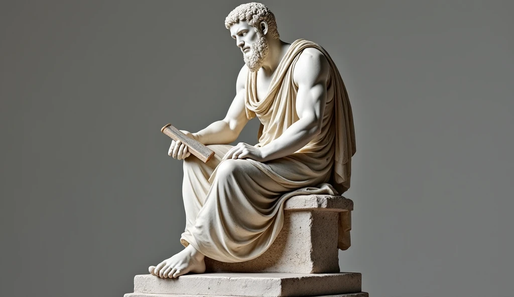 statue of a Greek God with glasses and a notebook in his hand, being a teacher
