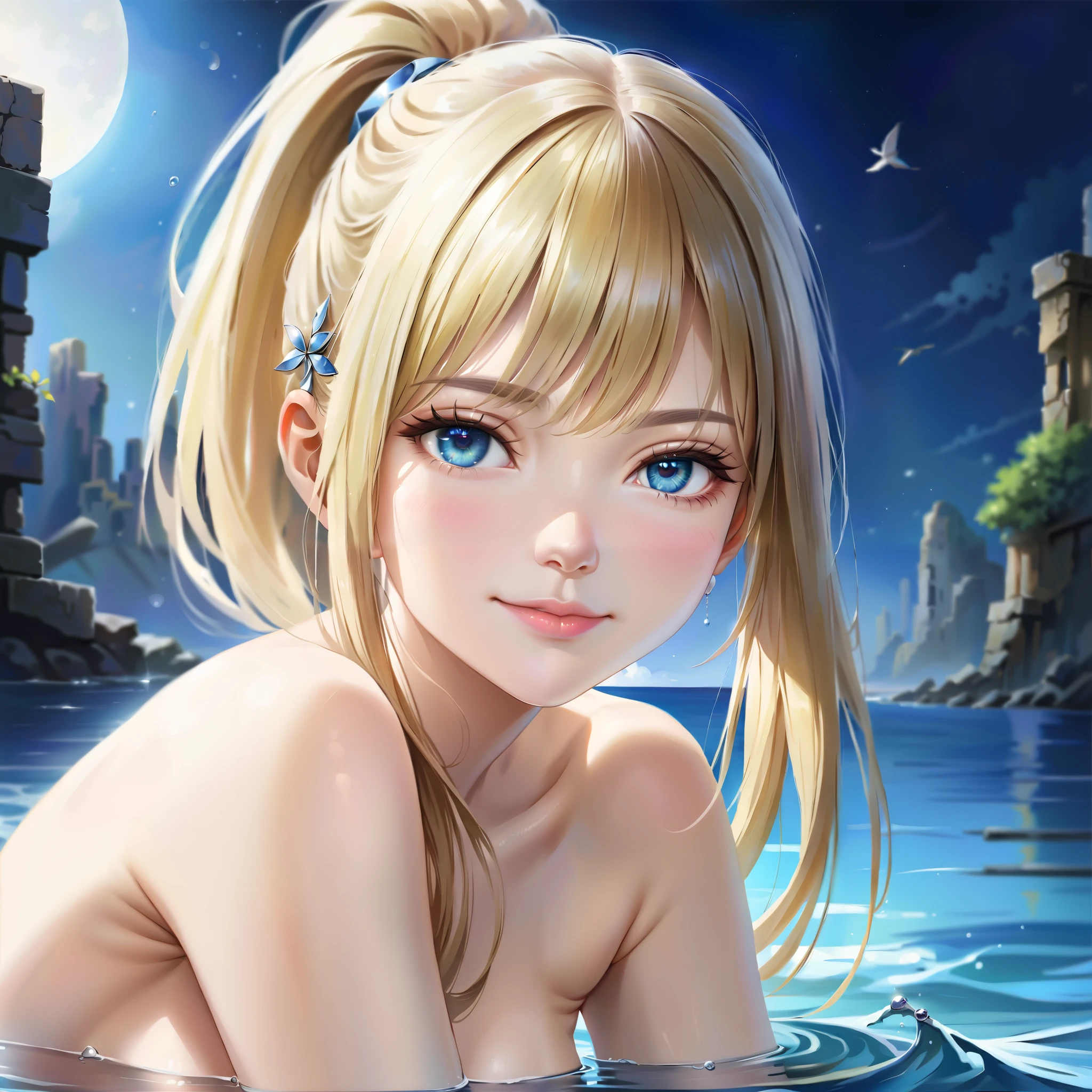 (Hyper-Realistic CG Illustration:1.4), (Ultra-Detailed, Top Quality 4K, High Resolution, Sharp Focus:1.4), A pretty 20-year-old tiptop girl night, blushing and looking back at the viewer. long blonde hair, smooth pale skin, teal eyes, a narrow nose, rosy cheeks, glossy lips with a shy smile, medium sized breasts that give her an angelic innocence as well as a hint of sex appeal. Her face, body and even the texture of her hair are rendered in extreme detail. Background ruins with night scene. Side view.nude,naked,,vagina,small breast,cowboy shot,full body,ponytail,melia antiqua, so beautiful:0.9)、( very cute in the water:0.9)、 (round face)、(Brighten your face:0.7)、、 ( straight hair:0.8)、( long blonde)、bangs、( hair clips )、 ( detailed face:0.7)、(high nose:0.7)、、 beautiful breasts、Round Breasts、 PERFECT FIVE FINGERS 、 (fair skin)、 Delicate Smooth Skin 、 beautiful skin、 vibrant colors、Delicate fabric、 looking at viewer, Slight Body, Medium Breasts, Petite Height, (Alone Focus:1.0), (sitting kneeled :1.2), (Seductive pose:0.2), ,very detailed eyes,perfect eyes,perfect face,perfect body,shy smile