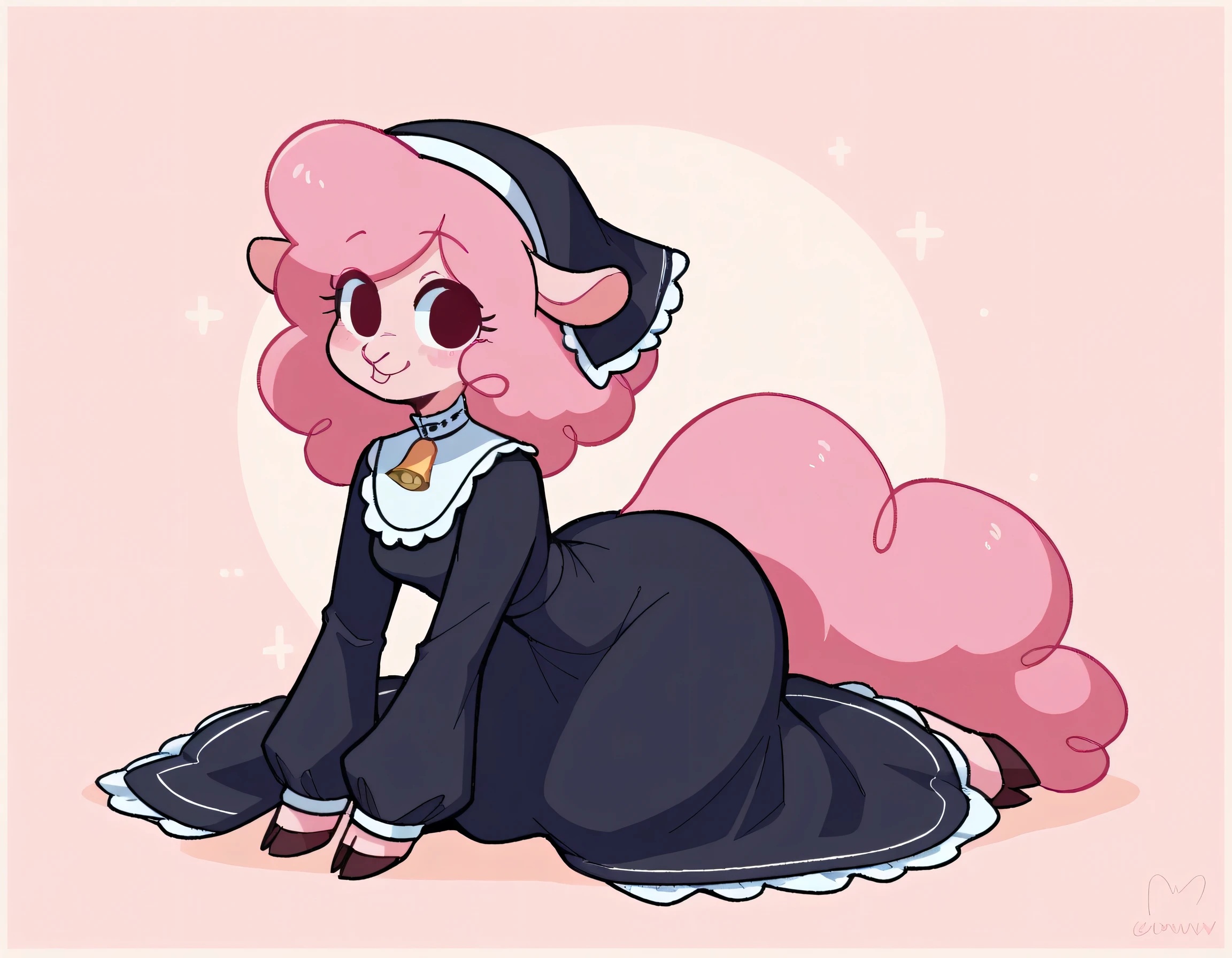 best quality, very detailed illustration , solo, ( Anthropomorphic furry sheep:1,7) , ruffled voluminous bouncy hair , playful look, delgado, ideal body, thin waist , wide hips, simple drawing, Artifyber style , pastel flat colors , beautiful, cartoon ,solo, short curly pink hair, nun outfit, long dress with frills, a smile, fluffy curly tail, sheep ears, bell collar, hooves, ram horns