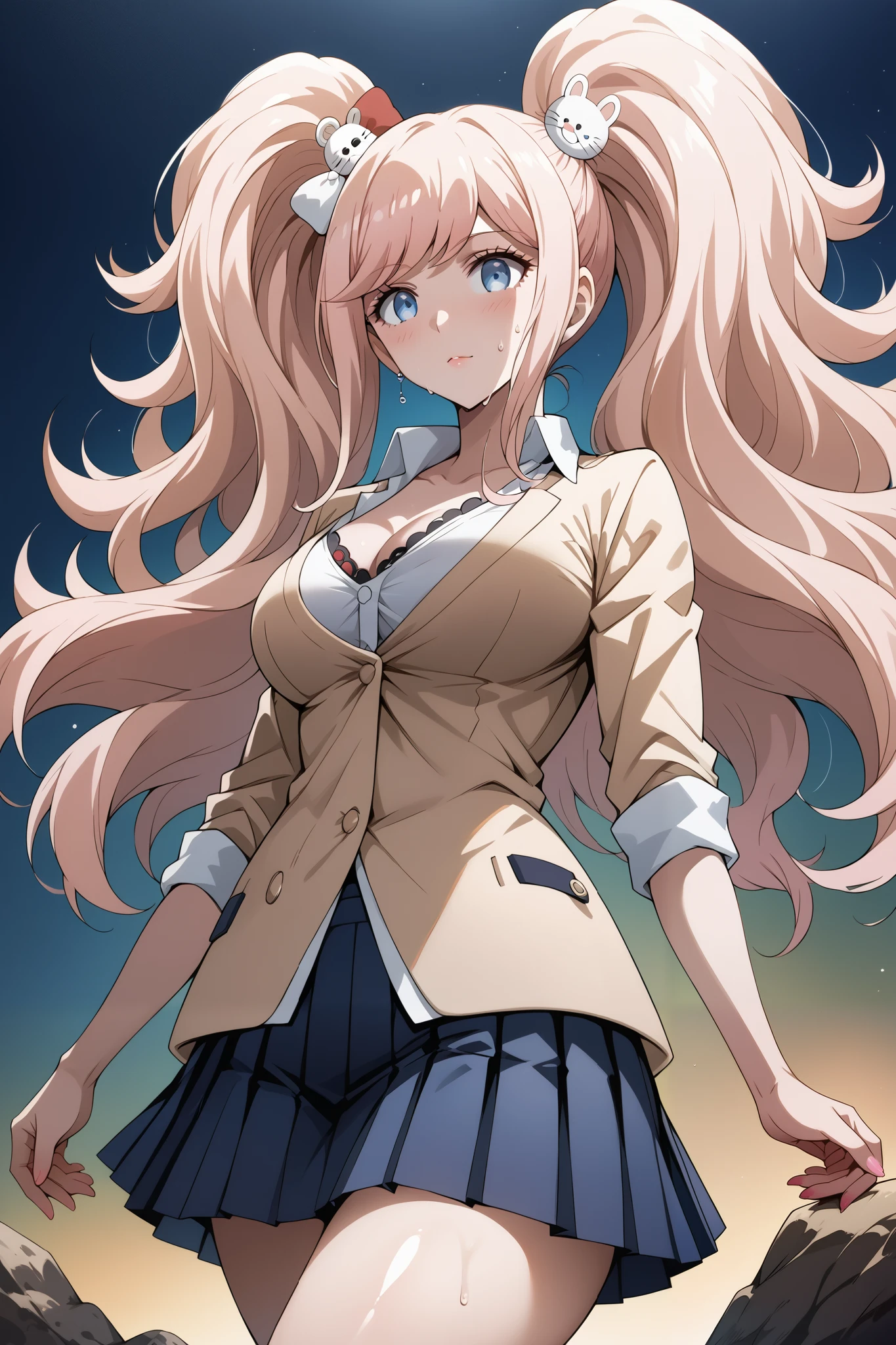 score_9, score_8_up, score_7_up, source_anime, 4K,perfect fingers,(perfect hands, perfect anatomy),prefect lighting, very aesthetic, intricate details,highly detailed background, masterpiece, high quality, best quality,
1girl, junko enoshima, long hair, bangs, blue eyes, pink hair, hair ornament, twintails, bear hair ornament, Large Breast,
wearing ((White collared shirt, blue pleated skirt, )),,
sensual women Elegant, sweat,steam, rock band,