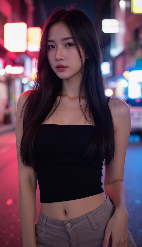 1girl, (Blue Eyes), (Sana Minatozaki), (black makeup :1.2), (black eyeliner :1.2), wide hips, Big tits, big ass, (thin waist: 1.2), (thick and toned thighs), (Best Quality, 8k, Masterpiece: 1.3), Clear Focus: 1.2, Perfect Body Beauty: 1.4, strong abs, Highly detailed face and skin texture, detailed eyes, double eyelids, (half open mouth :1.2), (black long straight hair :1.3), (cleavage black t-shirt :1.3), jeans, (close-up at face :1.3) in a bar in Tokyo at night, buildings illuminated by signs in the background