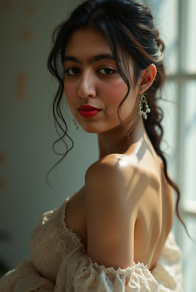 ((Highest quality, 8k, masterpiece: 1.3)), sharp: 1.2, Perfect Body Beauty: 1.6, ((Layered Hairstyles, Big Breasts: 2.0)), (Red lace dress: 2.0, Off-the-shoulder dress: 2.0, The entire upper part of the chest is exposed: 2.0), (Boldly exposed cleavage: 2.0), ((long hair: 2.0)), ((necklace)), Earrings, ring, Bracelet, Hair Accessories, ((Beautiful young teenager woman)), ((Straight nose)), (Eyeliner), Armpit Hair, Bristles, ((White and beautiful skin)), Wavy Hair, Beautiful attention to detail, Super detailed, Highly detailed face and skin texture, fine grain, double eyelid, Black Hair, Big Ass, Lower Body, Thighs, (((Skinny))), Wet and shiny lips, smile, Get a grip on your body, ((Anatomically correct human body)), ((Crisp body shape)), Ribs, clavicle, Protruding skeleton, A face without nasolabial folds, Shyness, Thin eyebrows, Big eyes, (shoot from side: 1.0), (Narrow shoulders: 2.0), (Smile: 1.0), Corset-like dress