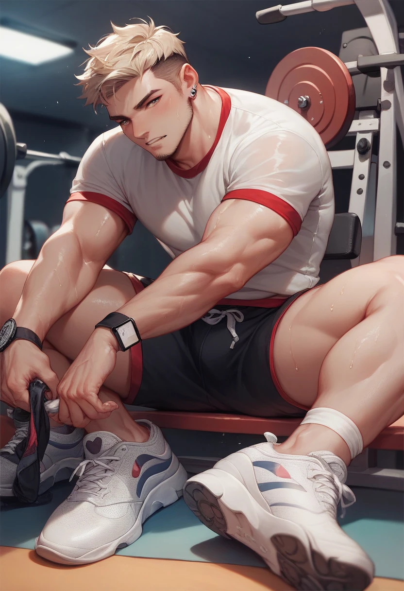 shirtless handsome manly short black hair caucasian male mma fighter, mma gloves, mma shorts, barefoot, sweat-drenched, soaking wet, drenched with sweat, sweating profusely, sitting on the bench, leaning against the wall, towel, bottled water, exhausted, panting, in the locker room