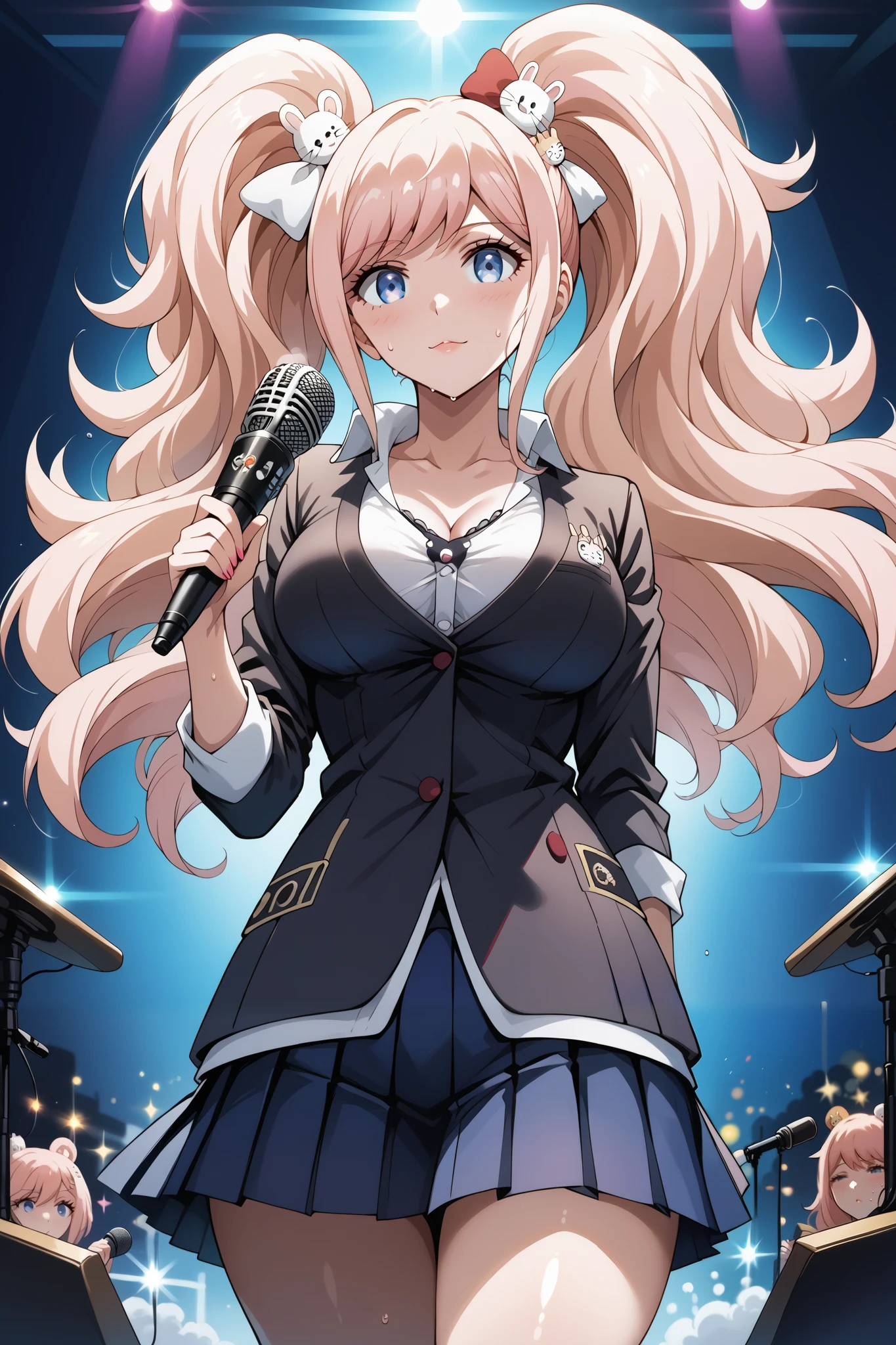 score_9, score_8_up, score_7_up, source_anime, 4K,perfect fingers,(perfect hands, perfect anatomy),prefect lighting, very aesthetic, intricate details,highly detailed background, masterpiece, high quality, best quality,
1girl, junko enoshima, long hair, bangs, blue eyes, pink hair, hair ornament, twintails, bear hair ornament, Large Breast,
wearing ((White collared shirt, blue pleated skirt, )),,
sensual women Elegant, sweat,steam, rock band, vocalist, holding a microphone,