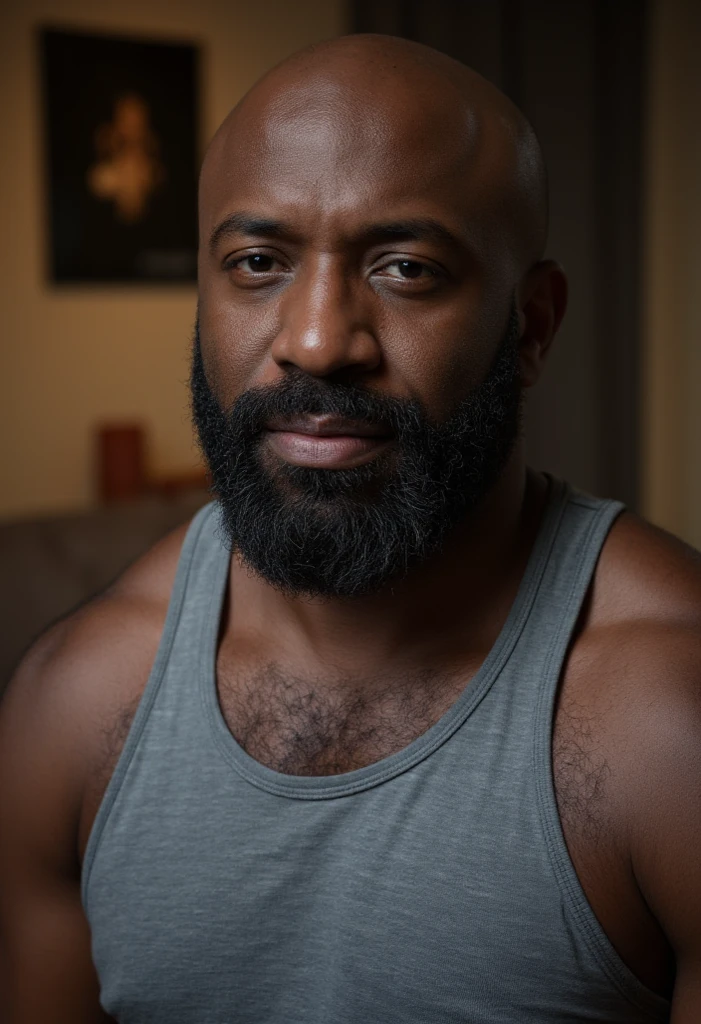 1boy, African American, solo, facial hair,34 yrs old, dom, male focus, flaccid penis, bald head, pectorals, bara, muscular, mature male, muscular male, abs, beard, nipples, short hair, navel, stomach, large pectorals, thick eyebrows, bare pectorals, dark-skinned male, erection, thighs, erection under clothes, fancy suit, dark skin, tie, open shirt, jacket, grey business suit, pectoral cleavage, cowboy shot, feet out of frame, thick thighs, looking at viewer, masterpiece, 4k, high quality, highres, absurdres,
