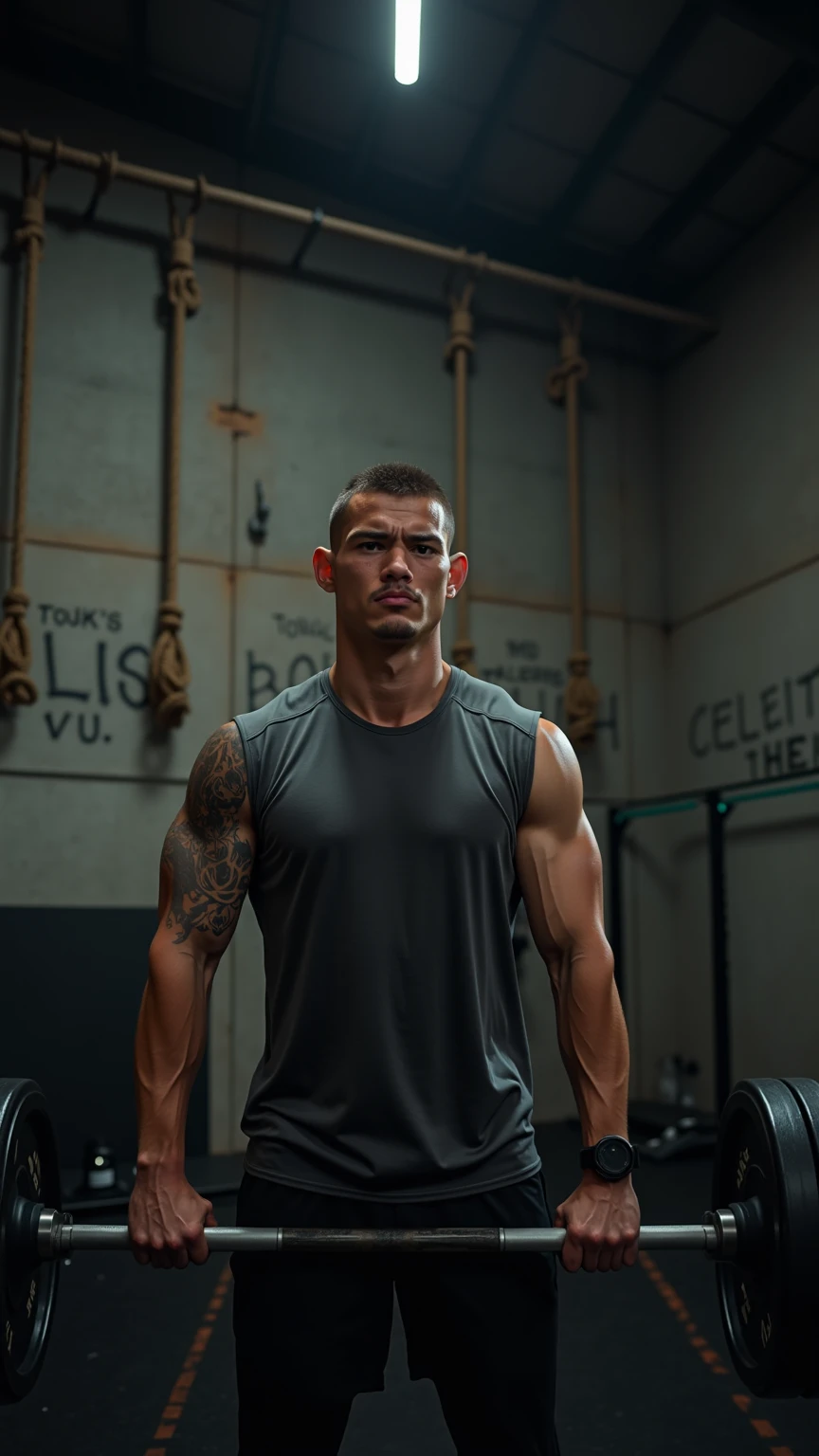 Tattooed male model shaved head pointy mustache, soul pach, glasgow smile scars, tall, slim fit, naked and wet, just a tawel atound the waste steping out of the shover