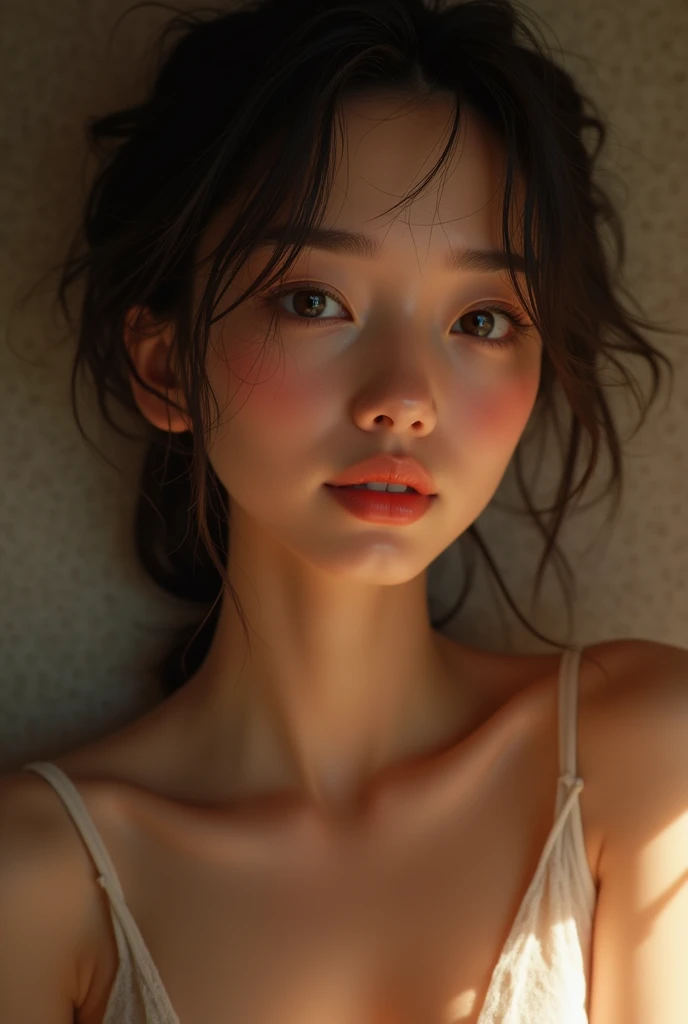 realistic photo, 25-year-old Japanese woman, nude, looking at the camera, from above, detailed face and body, natural lighting, high resolution, photorealistic, 32mm, (best quality,8k, high res,masterpiece:1.2),ultra-detailed,(realistic, photorealistic,photo-realistic:1.37), realistic skin texture, detailed eyes, and lips, beautifully detailed face, long eyelashes, smooth skin, natural body shape