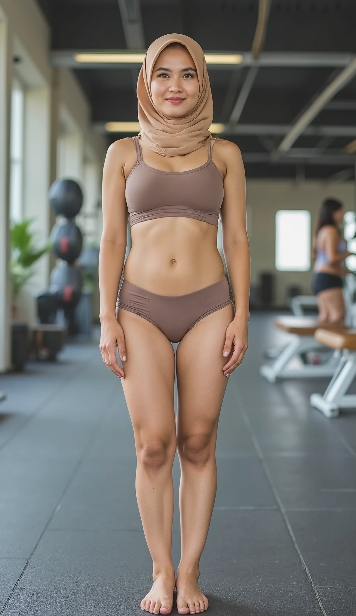 One full body from head to feet visible completely  Indonesia mature woman wearing  short sports hijab, barefoot, ( wearing sport hijab bra and underwear), front view, wearing light brown beautiful bra and underwear, front view camera, beautiful hips, curvy body (solid contain), no expression face, light tan skin, standing upright with both hand on the side legs, both feet together on same and symetrical position, both knee straight up, body facing to camera (show all all her body entirely), front view look camera, no stomach  visible, background was fitness area with no activities inside, full body visible, (( very bright photo lighting , detailed and clear )), realistic photo, High quality photo, 16k , RAW photo,her full body from head to feet visible completely. Normal finger and hand, normal feet and toes. Same and symetric position each legs and feet. Her full body from head to feet completely visible, both knee straight up together and similar position,   both Feet together, both knees together perpendicular,  don't bending her knee, standing poses not walking