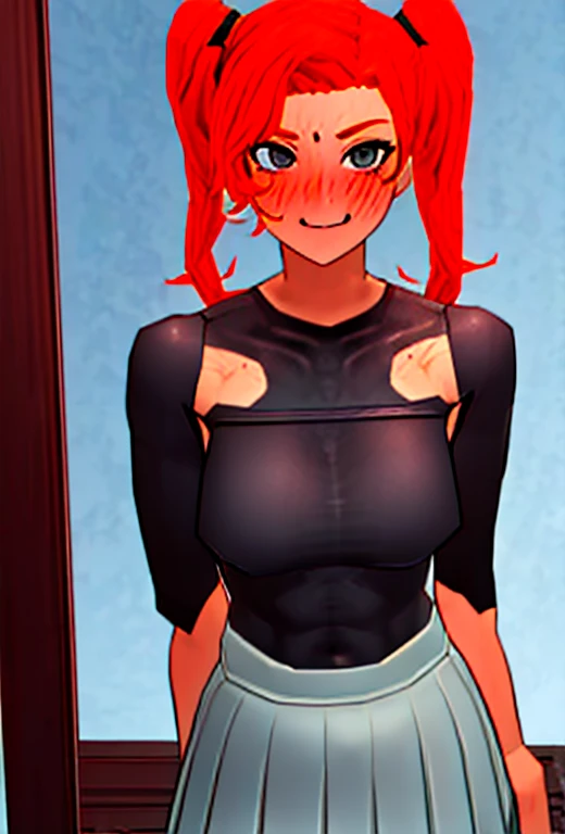 Twintail, red haired, 1girl, (grey eyes:1.5), well toned, well built, muscled, toned muscles, blushing, sweating, smiling, lifted skirt, shoving pussy, looking at pov, (sitting on pov's hip:1.1), (riding a man's dick full penetration:1.3), unfiltered femininity, passionate, ripped apart shirt revealing naked nipples, climax