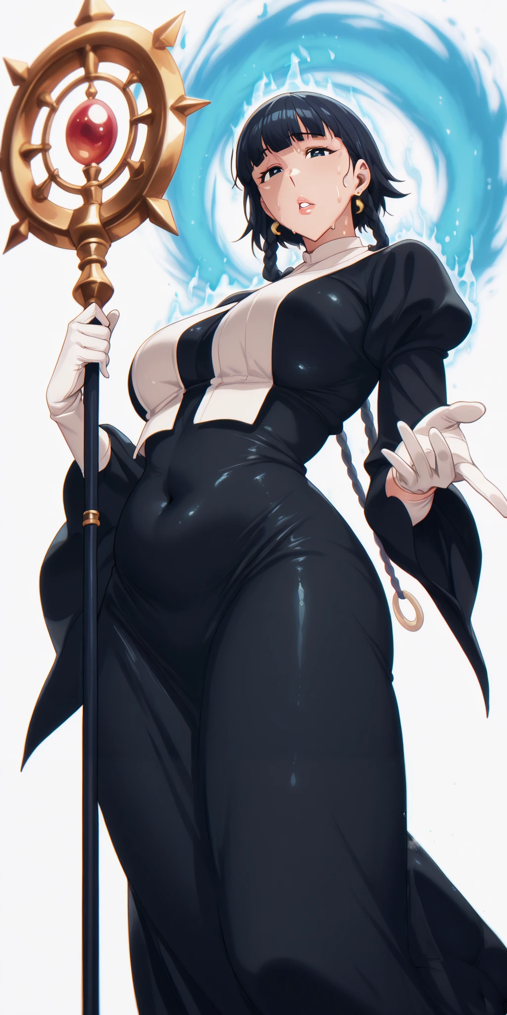perfect eyes, perfect fingers, gasping, heavy breathing, excessive sweating, sweating, sweating profusely, gasping profusely, cinematic, ((skindentation)), ((curvy)), black hair, short hair with long locks, black eyes, blunt bangs, hair rings, twin braids, bright pupils, plump, BREAK anime-style, anime coloring, cgi, Hand drawn, cinematic, Sharp focus, humorous illustration, big depth of field, Masterpiece, concept art, trending on artstation, Vivid colors, Simplified style, trending on ArtStation, trending on CGSociety, Intricate, Vibrant colors, Soft Shading, Simplistic Features, Sharp Angles, Playful, excessive sweating, sweating profusely, sweating drop BREAK, 1girl, solo, gloves, breasts, earrings, jewelry, white_gloves, black_hair, staff, looking_at_viewer, parted_lips, holding, dress, from_below, holding_staff, long_sleeves, puffy_sleeves, covered_navel, black_dress, ((dusty)), ((aura)), Cinematic,
