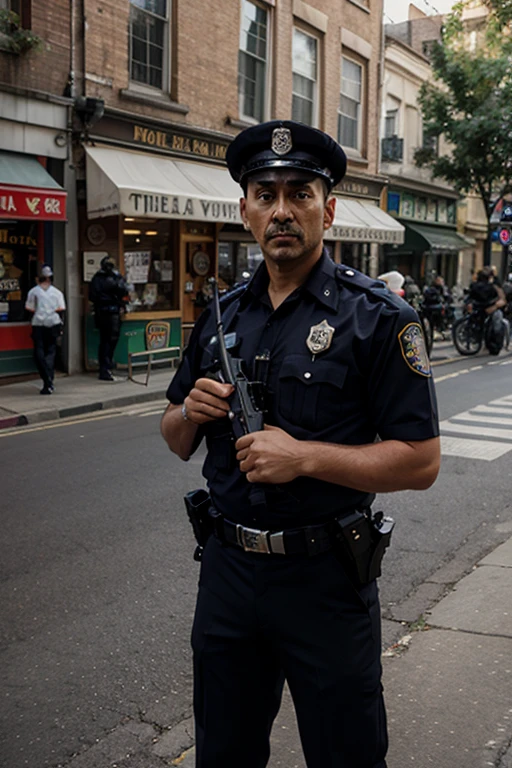 (best quality,highres),all body photography,realistic,portrait,city,metropolitan,professional,photography,sharp focus,police officer,patrol,uniform,black bulletproof vest and military boots,black police cap,serious expression,detailed facial features,dark lighting,urban,gritty,night scene,osasco city,in crime scene,police lights,lens flare,masterpiece:1.2