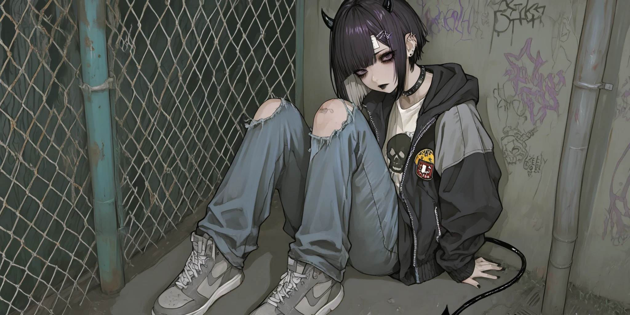 skinny tired girl is belong to emo/goth subculture. She has obsidian black hair with highlighted white strands , she has a wolf haircut and long bangs that hide half of her face. She has a lot of metal hairpins, barrette, hair clips on her bangs. Her eyes are purple. She has black Gothic makeup: black lipstick,black eyeliner and leaking mascara, black eye shadow. She has a lot of piercings and tattoos. On her neak she wears a spiky choker. She is dressed in a gray torn brand T-shirt with a skull print or metallica band, a bomber sport-jacket with set of safety pin and badges, oversized jeans with ripped holes on her knees, and gray sneakers. Her palms is bandaged. on her forehead two obsidian black devil horns,behind her back devilish spiky tail. she is hanging around in an alley where the walls are covered with graffiti and the passage is twisted by a chain-link fence. on the background is fogy abandoned city.