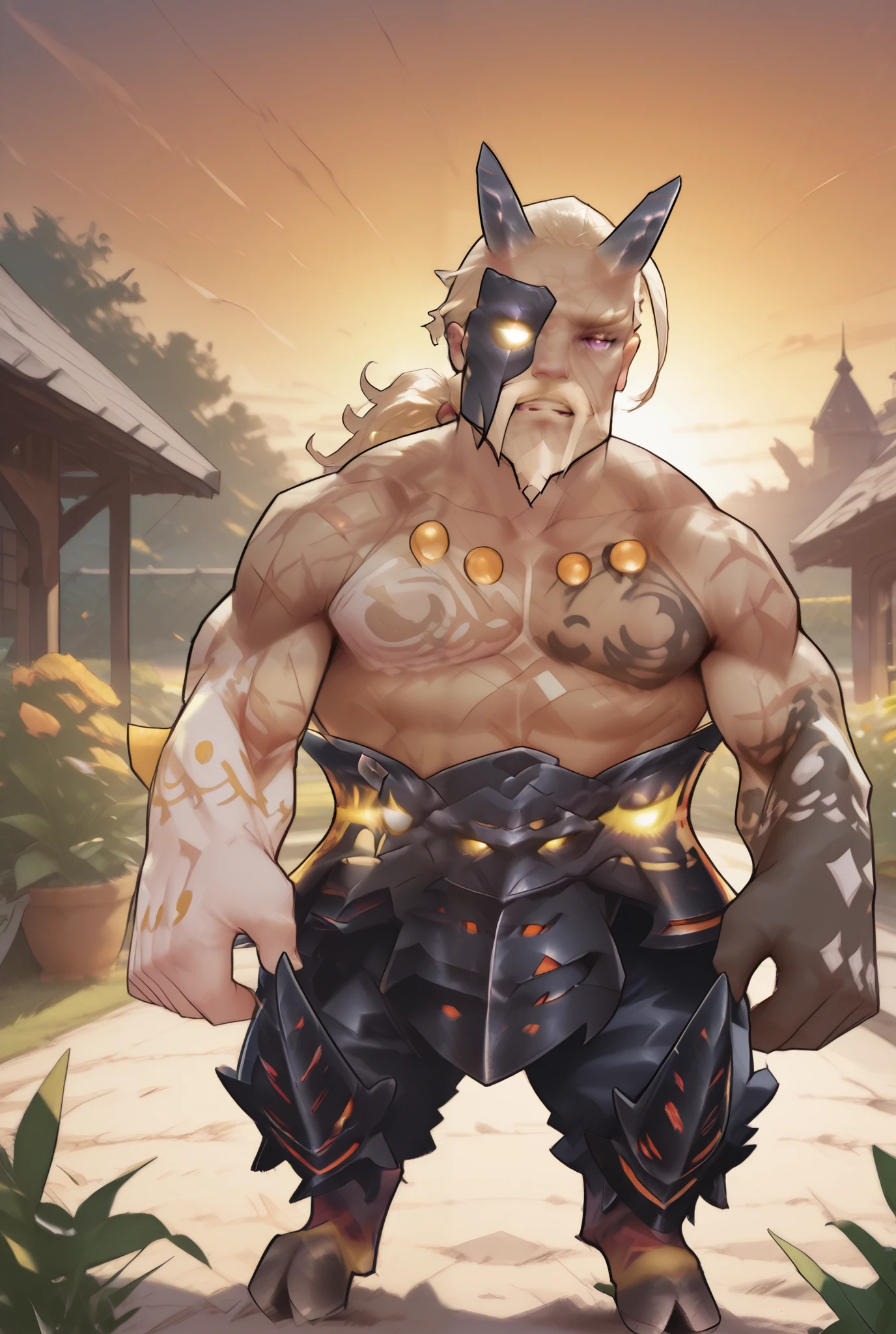 High resolution, 8k, Masterpiece, Official art, Cygames, Shadowverse, Ultra details, Art by DASAGI, Art by Meesh, Art by Chunie, Art by Personalami, ((Drum bunker dragon)), (Anthro), Detailed face, Detailed eyes, Dragon, Scalie, Helmet, Male, Solo, Horn, Claws, Blonde hair, Hyper muscular, Lay down, Sexy pose, Naked, (Bulge), Black brief, Looking at viewer, Stick out tongue Smiling, Blush, Kemono, Detailed background,