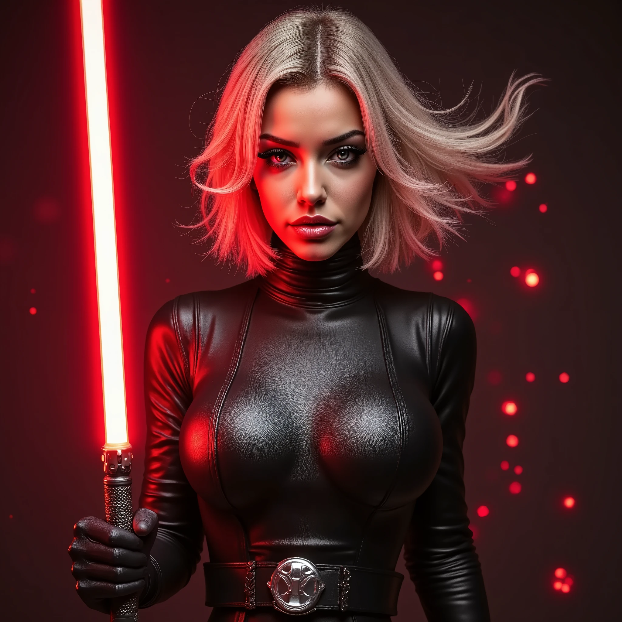 full body shot, female warrior, sith lord, star wars, red lightsaber, intricate details,beautiful detailed eyes, evil, extremely detailed face, long eyelashes, evil look, diabolic, dramatic lighting, dark fantasy, chiaroscuro, cinematic composition, dramatic pose, dynamic action, moody atmosphere, deep shadows, vibrant colors, photorealistic, 8k, masterpiece