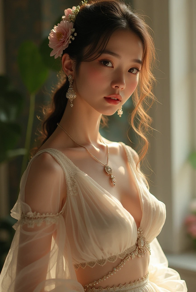 finest image, (8k, RAW photo, realistic), detailed and delicate depiction and flashy and dynamic painting method, beautiful cute woman, sparkling blue big eyes, long eyelashes, double eyelids, light brown flowing layered braided bangs hair, amorous expression, lewd expression, huge breasts, abs, slender, perfect proportion, red alluring moist big thick lips, large loose fluffy girly camisole dress, blurry background fantasy, falling petals, iridescent golden particles