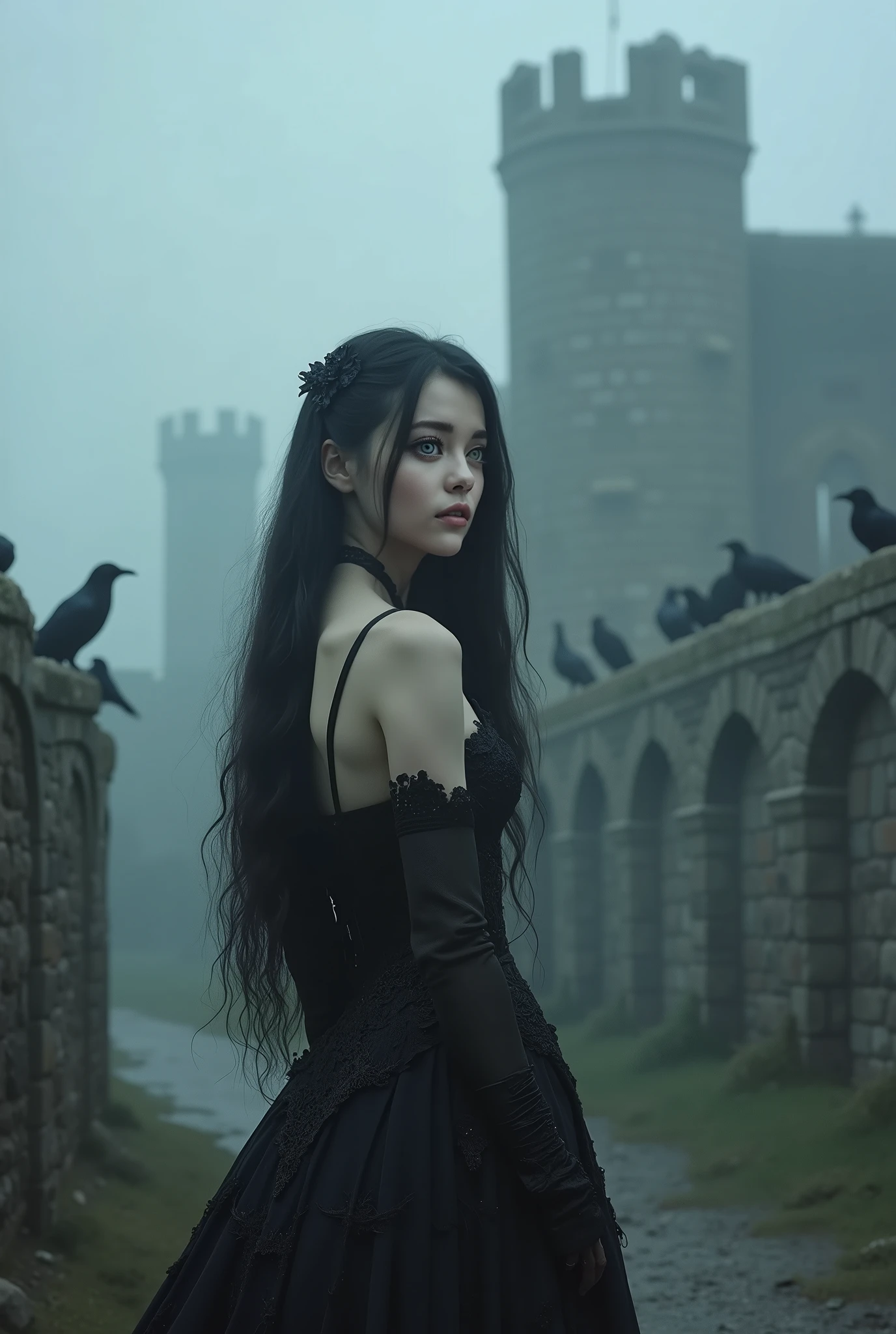 A gothic woman with delicate East Asian facial features stands with her back turned, her head gently tilted as she looks over her shoulder with a haunting, calm gaze. Her pale skin contrasts with her long, wavy black hair cascading down her back. She wears a dark, intricate gothic gown with embroidered lace and a fitted corset. The atmosphere is cold and ominous, with thick fog crawling over ancient stone ruins, broken arches, and towering medieval walls. Crows gather on the crumbling battlements. The dim twilight and mist create a chilling, cinematic scene full of melancholy and mystery.